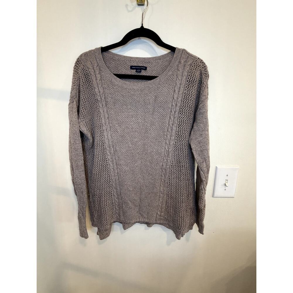 American Eagle Open Knit Cable Sweater Beige Taupe Lightweight Pullover Small